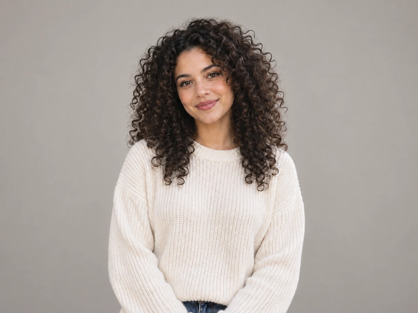 Femme en pull crème sur fond neutre