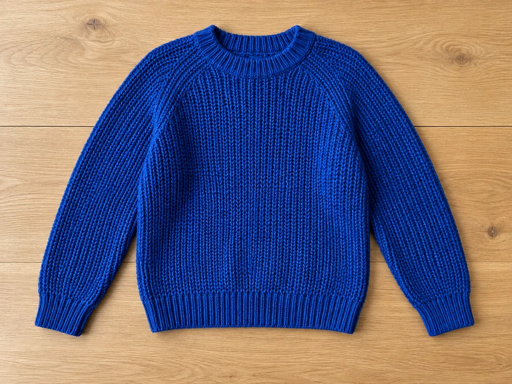 Pull bleu en maille posé sur une table en bois